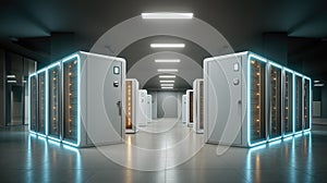 Modern data center server racks with blue lighting cloud computing and security technology concept