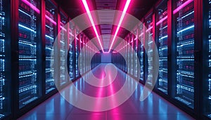 Modern data center server racks glow with blue and pink lights. Rows of computer servers create a high tech network