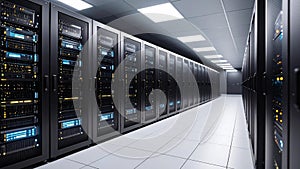 Modern data center server racks lined up inside a large computer room