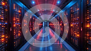 A modern data center with server racks and network equipment for computing operations