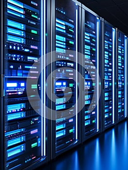 Modern Data Center Server Racks Rows of illuminated server racks in a modern data center showcasing advanced technology and