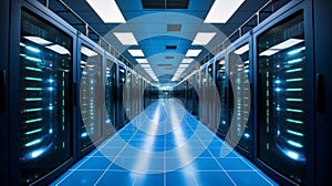 Modern data center server room with blue led lights - technology and computing