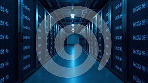 Modern Data Center Server Room with Blue Light