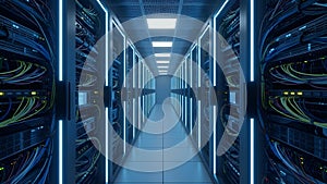 Modern Data Center Server Room with Blue Lighting Created With Generative AI