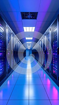 Modern data center server room with glowing blue and pink lights and rows of computer racks