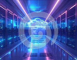 Modern Data Center Server Room with Glowing Cloud Computing Technology Concept