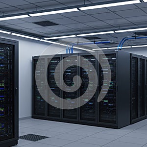 Modern Data Center Server Room Interior with Black Racks and Blue Cables
