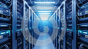 Modern Data Center Server Room with Rows of Computer Equipment (ai generated)