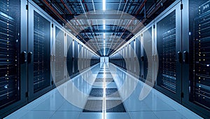 Modern data center server room with rows of computer servers