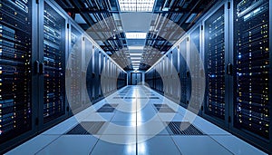 Modern data center server room with rows of computer servers