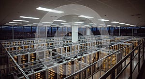 Modern data center server room with rows of server racks and cityscape windows view