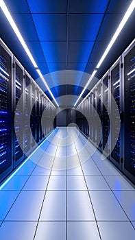 Modern data center server room with rows of racks and futuristic blue lighting