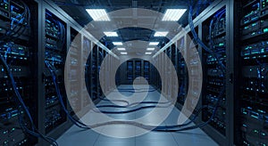 Modern Data Center Server Room of a modern data center with rows of servers and network cables Hightech infrastructure