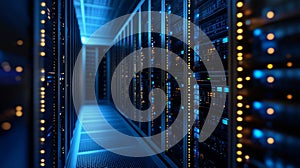 Modern Data Center Server Room Technology Blue Light Digital Network web cloud racks power system