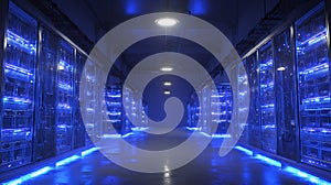 Data center server room network technology computing storage hardware blue lights information systems it space .