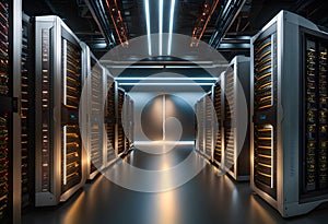 Modern data center with servers, corridor with computer equipment