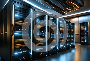 Modern data center with servers, corridor with computer equipment