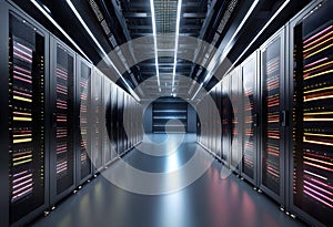 Modern data center with servers, corridor with computer equipment