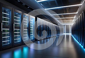 Modern data center with servers, corridor with computer equipment