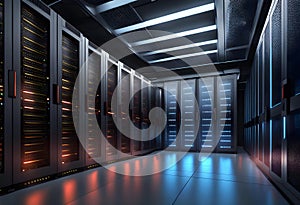 Modern data center with servers, corridor with computer equipment