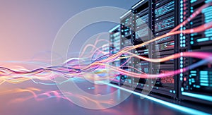 Data center server room hosting with fiber optic cables and networking infrastructure