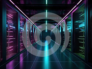 Modern data center with servers and neon light