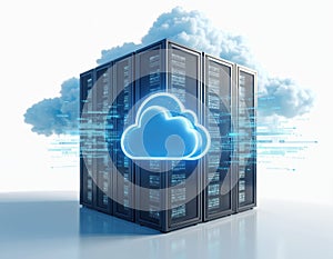 Modern data server with cloud tech integration. Illustration represents online storage, data security, digital infrastructure,