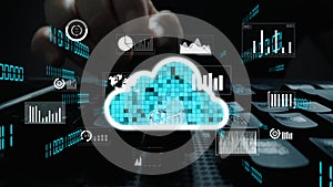 Modern Data Storage Concept with Cloud Computing, Graphs, Charts, and Digital Elements for Business Analytics and