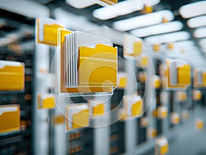 Modern data storage system with yellow folders in a server room