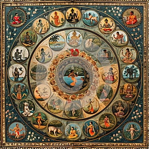 Modern-Day Hero\'s Journey in Pattachitra Style - Intricate Scroll Painting with Mythological Motifs photo