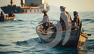 Modern day pirates want to capture a merchant ship. photo