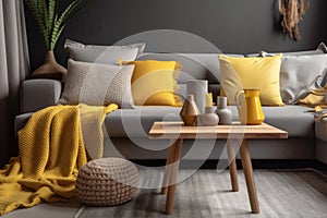 modern decor grey yellow house home sofa cushion interior floor pillow. Generative AI.