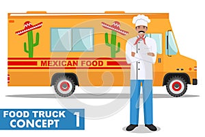 Flat design vector illustration of food truck and cook, head chef in uniform. Traditional Mexican street cuisine. Auto