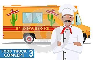 Flat design vector illustration of food truck and cook, head chef in uniform. Traditional Mexican street cuisine. Auto