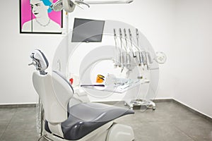 Modern dental clinic cabinet - dentist chair, equipment and tools. Dentistry, medical office