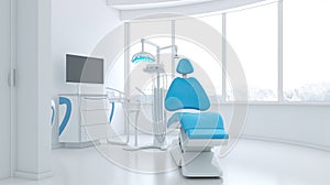 Modern Dental Clinic, Dentist chair and other accessories used by dentists in blue medical light. Dental surgeon, is a