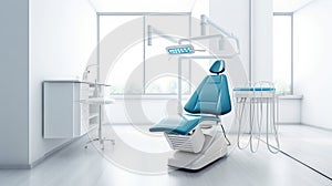Modern Dental Clinic, Dentist chair and other accessories used by dentists in blue medical light. Dental surgeon, is a