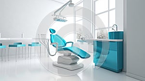 Modern Dental Clinic, Dentist chair and other accessories used by dentists in blue medical light. Dental surgeon, is a