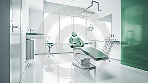 Modern Dental Clinic, Dentist chair and other accessories used by dentists in green medical light. Dental surgeon, is a