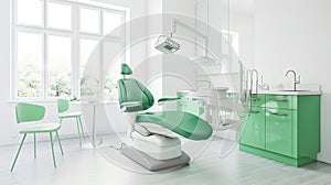 Modern Dental Clinic, Dentist chair and other accessories used by dentists in green medical light. Dental surgeon, is a