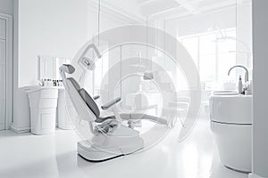 Modern Dental Clinic, Dentist chair and other accessories used by dentists in yellow medical light. Dental surgeon, is