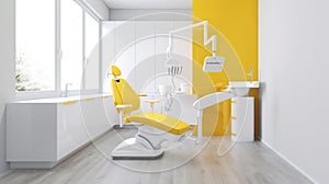 Modern Dental Clinic, Dentist chair and other accessories used by dentists in yellow medical light. Dental surgeon, is