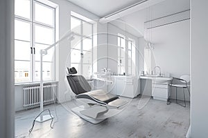 Modern Dental Clinic, Dentist chair and other accessories used by dentists in yellow medical light. Dental surgeon, is