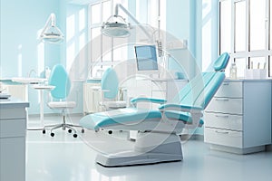 Modern dental clinic interior with light blue and white tones and state of the art equipment