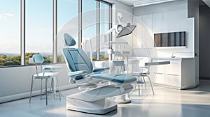 modern dental office interior with blue chair and equipment