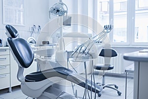 modern dental office with technologically advanced equipment, Dental chair and other accessories