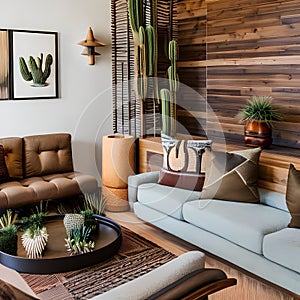 Modern Desert Oasis: A desert-inspired living room with earth-toned furniture, cacti decorations, and tribal textiles1, Generati