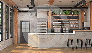 Modern design of the bar in loft style. 3D visualization of the interior of a cafe with a bar counter.