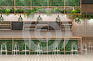 Modern design of the bar in loft style. 3D visualization of the interior of a cafe with a bar counter.