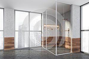 Modern design bathroom interior with shower cabin, bronze faucets. Panoramic window with skyscrapers city view. Wood and concrete